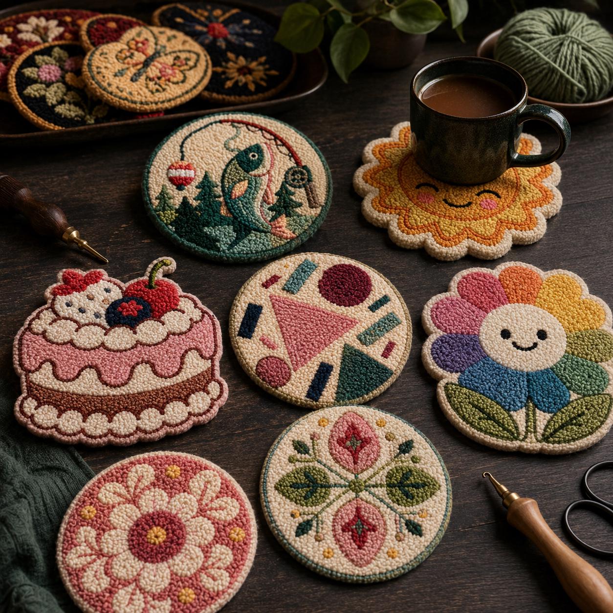 Geometric and boho punch needle coasters