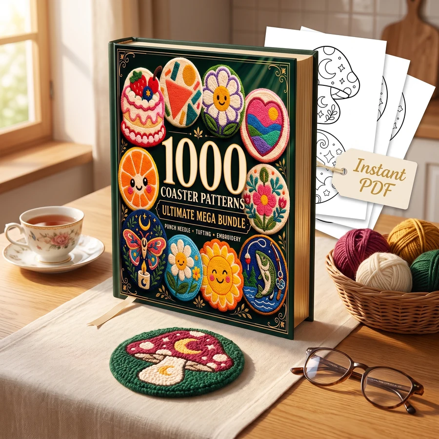 1000 Coaster Patterns: punch needle coaster outlines printed two per A4 sheet